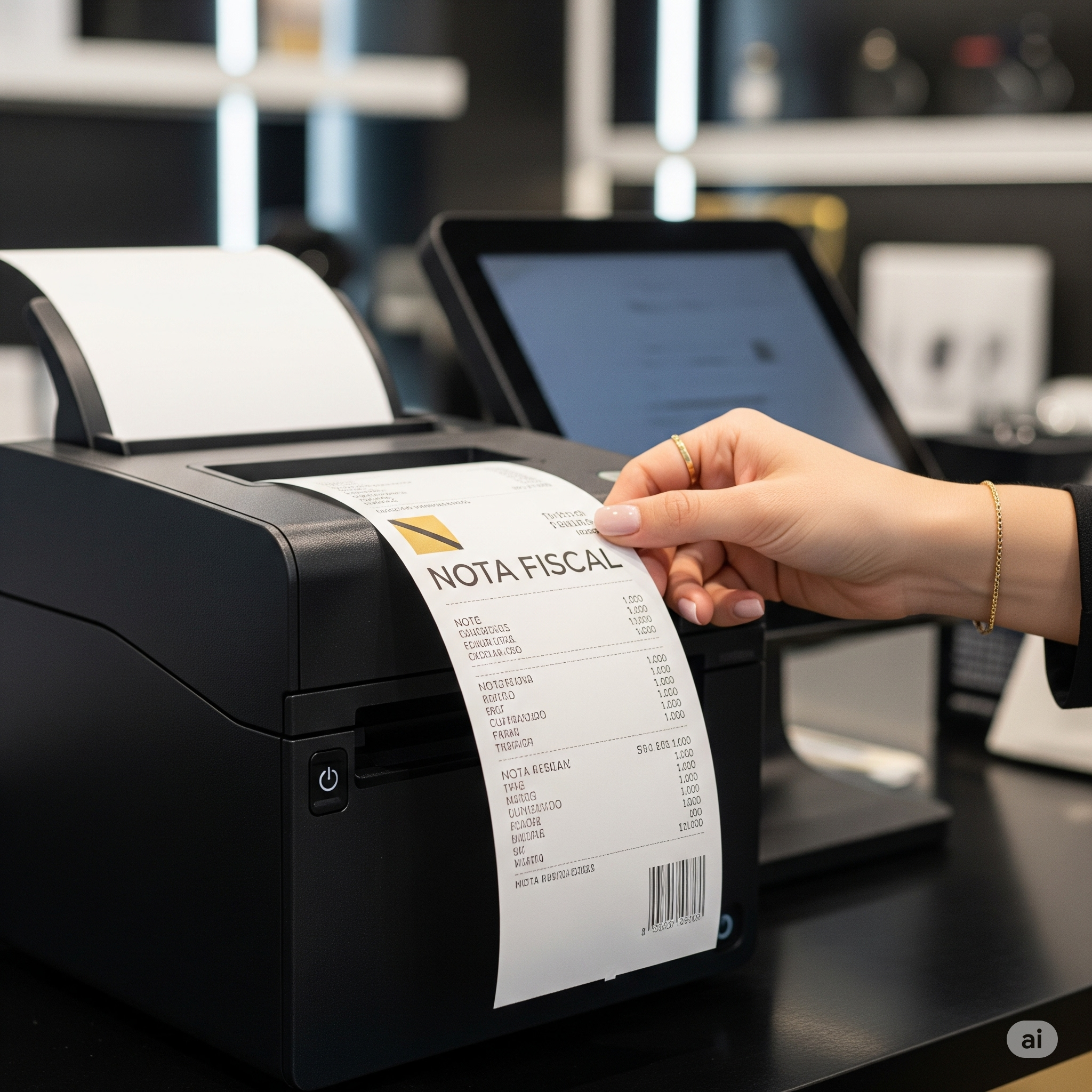 Mão recebendo uma nota fiscal de uma máquina de ponto de venda