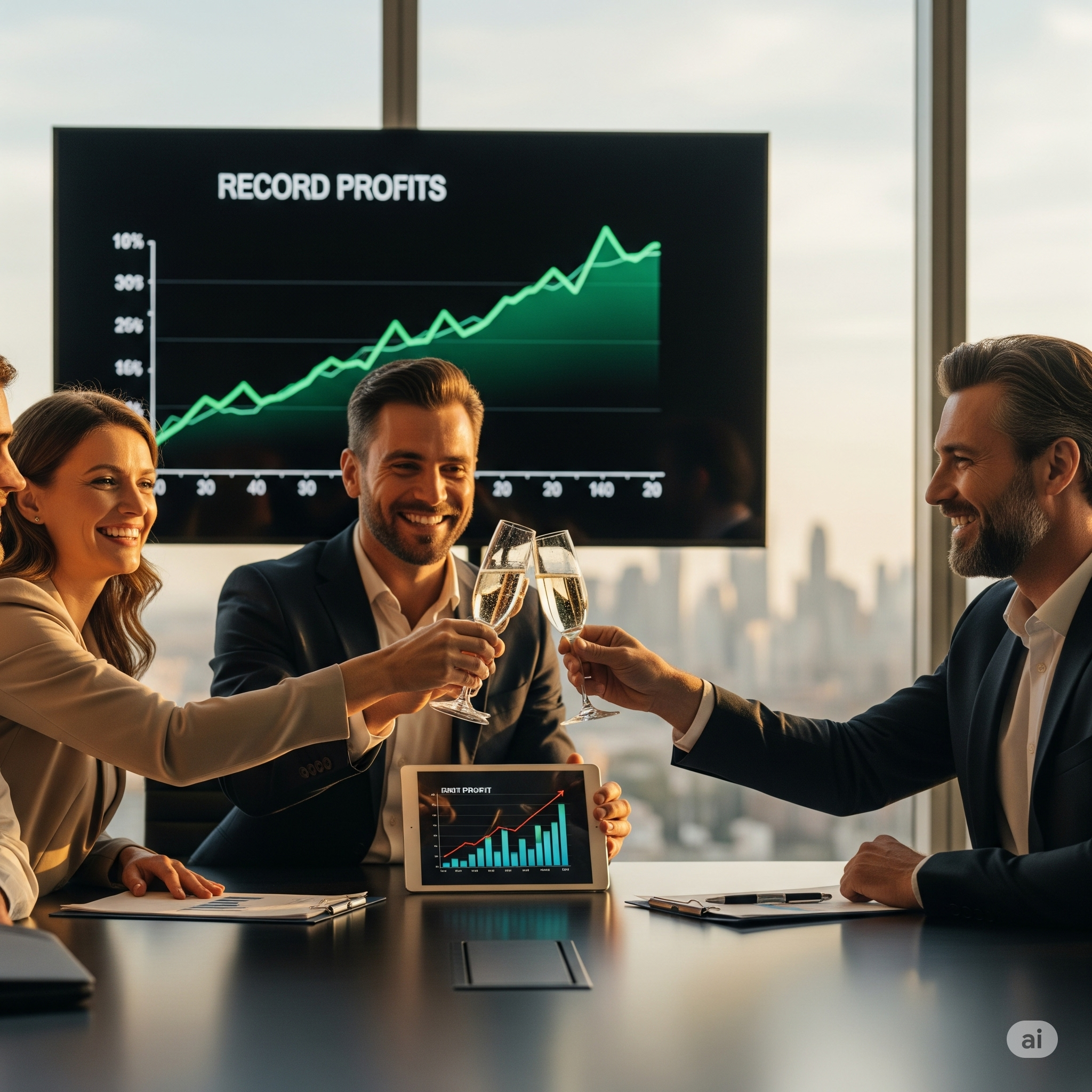Sócios brindando em reunião para celebrar os lucros recordes da empresa